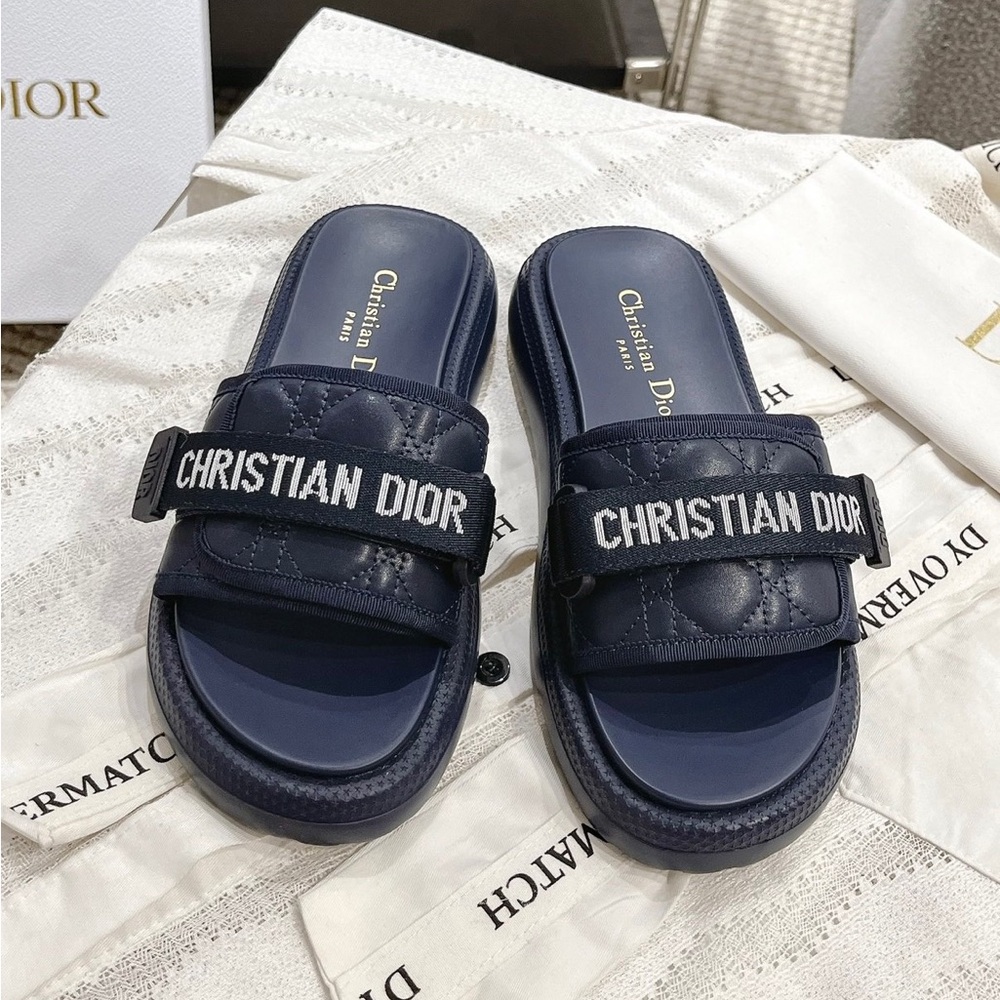 Christian Dior Dioract Slide Sandals in Navy Blue Cannage Lambskin